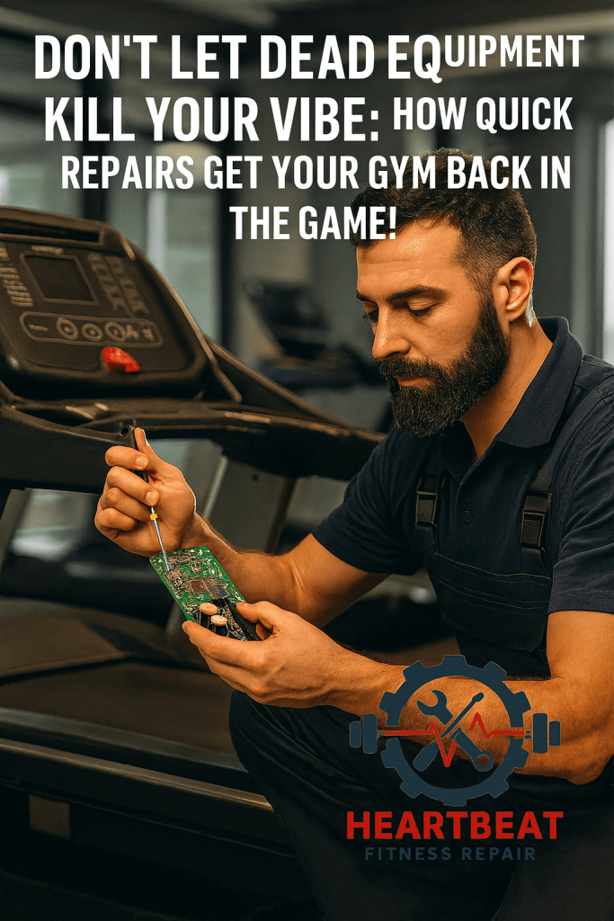 A professional HeartBeat Fitness Repair technician repairs a treadmill circuit board inside a modern gym, representing fast and reliable fitness equipment service. The HeartBeat Fitness Repair logo appears prominently at the bottom, with bold headline text reading, “Don’t Let Dead Equipment Kill Your Vibe: How Quick Repairs Get Your Gym Back in the Game!” This image emphasizes expert treadmill repair, preventative maintenance, and quick gym equipment restoration services in Florida.