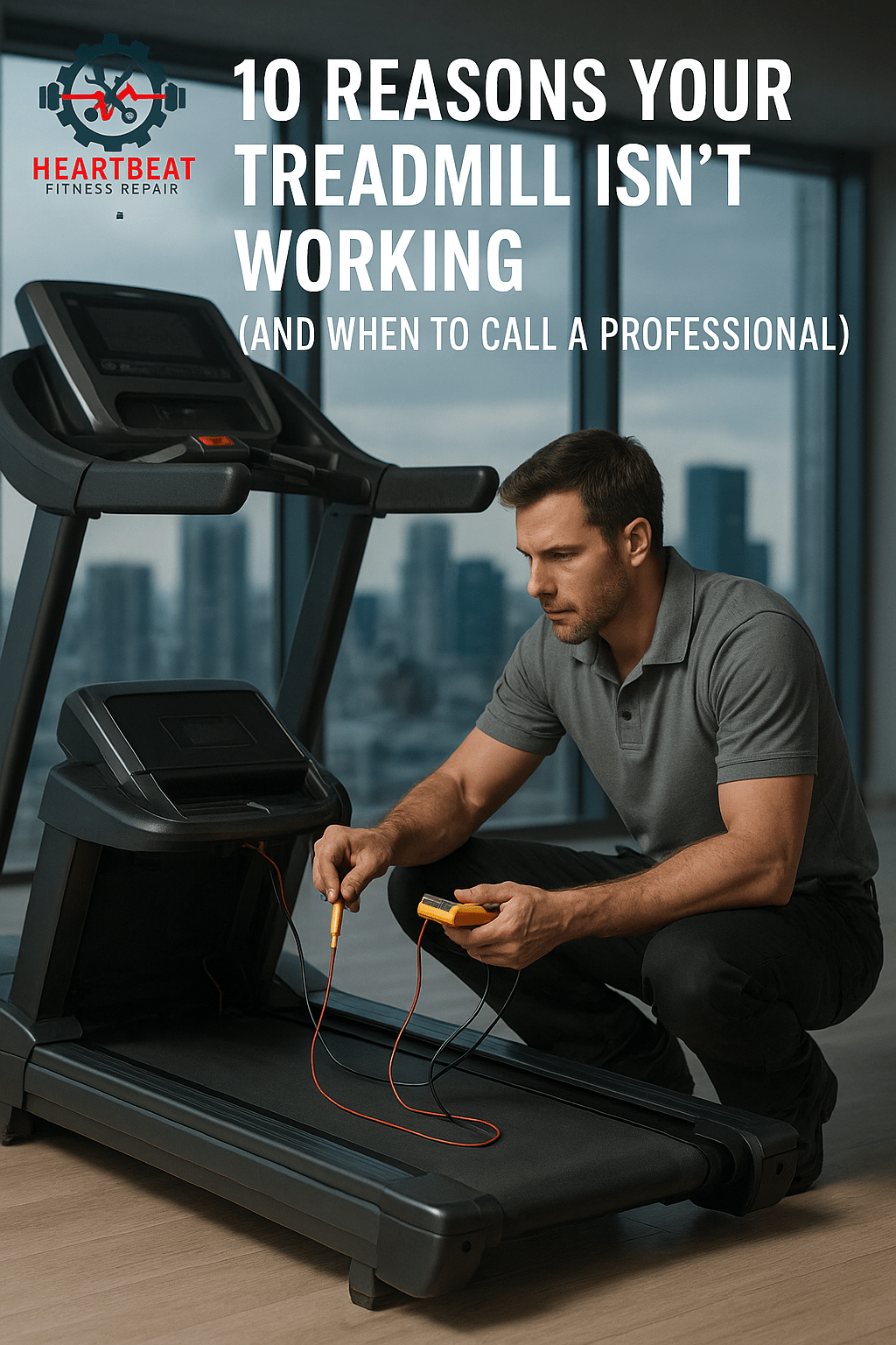 Heartbeat Fitness Repair technician diagnosing a treadmill issue in a modern gym — professional fitness equipment repair and maintenance service. Blog header image for ‘10 Reasons Your Treadmill Isn’t Working (And When to Call a Professional).