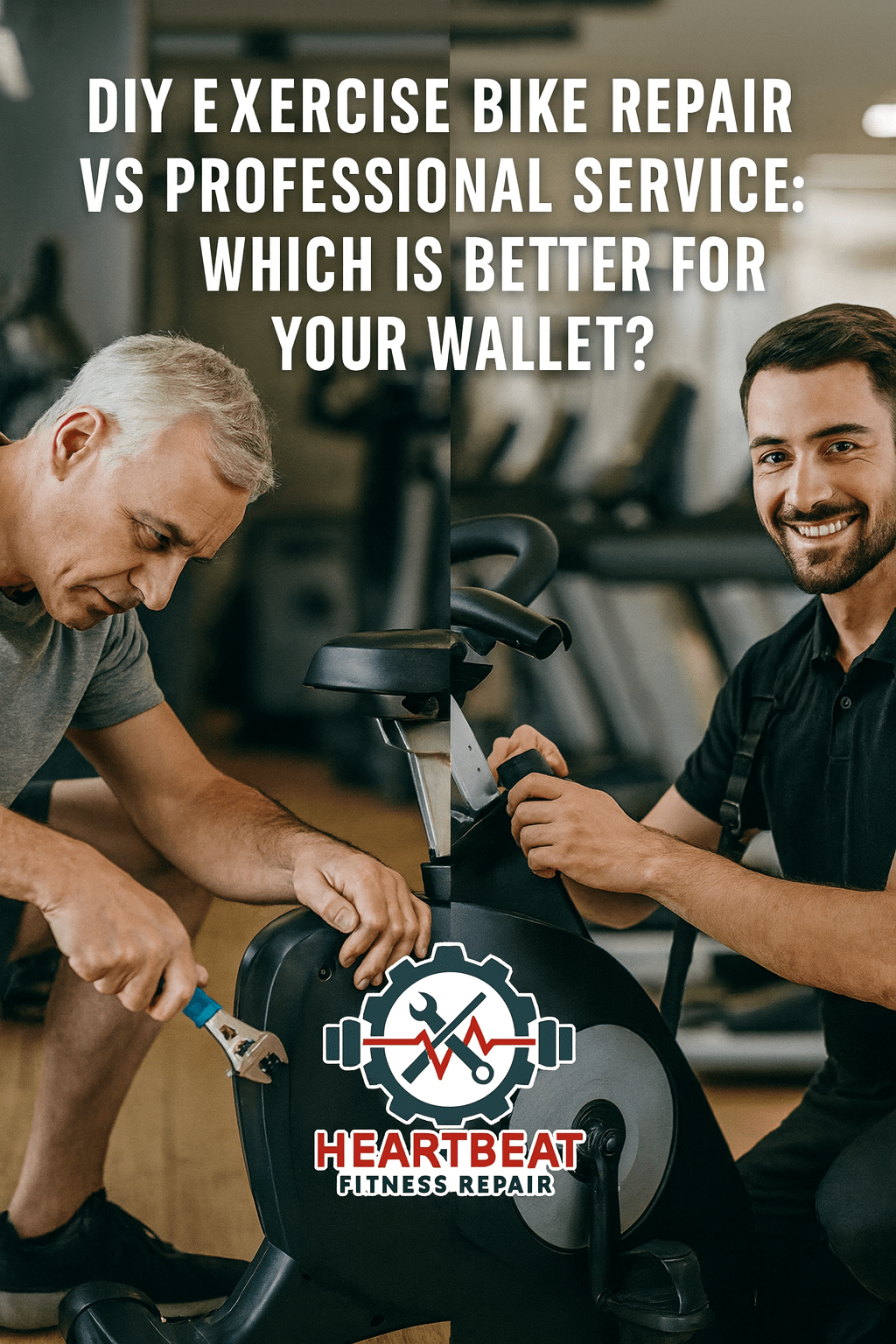 A split-screen photo comparing DIY exercise bike repair to professional fitness equipment service. On the left, a man struggles with a wrench, while on the right, a professional HeartBeat Fitness Repair technician efficiently fixes the bike, smiling confidently. The HeartBeat Fitness Repair logo is centered below, and the headline text reads “DIY Exercise Bike Repair vs Professional Service: Which Is Better for Your Wallet?” This image promotes expert gym equipment repair, cost-effective maintenance, and professional treadmill and exercise bike service in Florida.