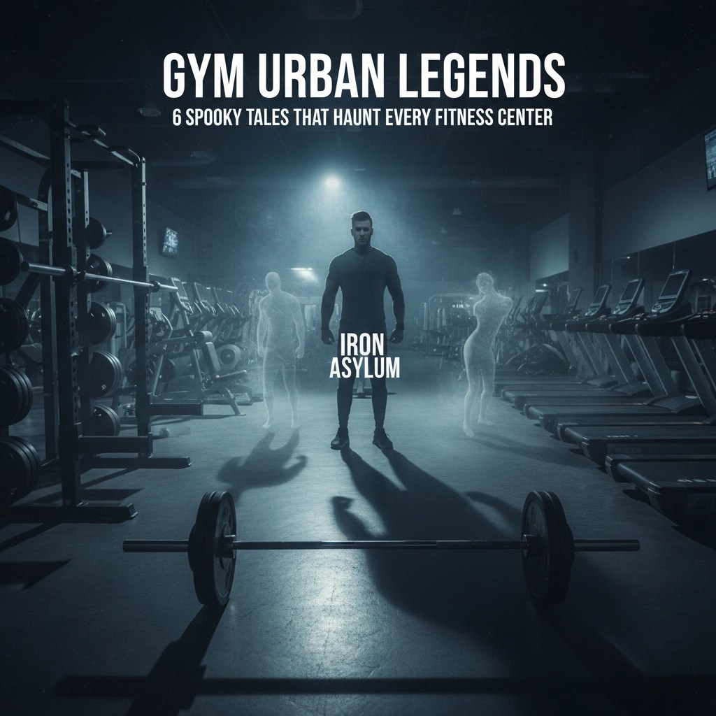 A dimly lit gym with eerie lighting and fog, showcasing broken treadmills, flickering lights, and ghostly shadows — representing local “gym urban legends” that haunt fitness centers across Pinellas, Hillsborough, Manatee, and Sarasota counties
