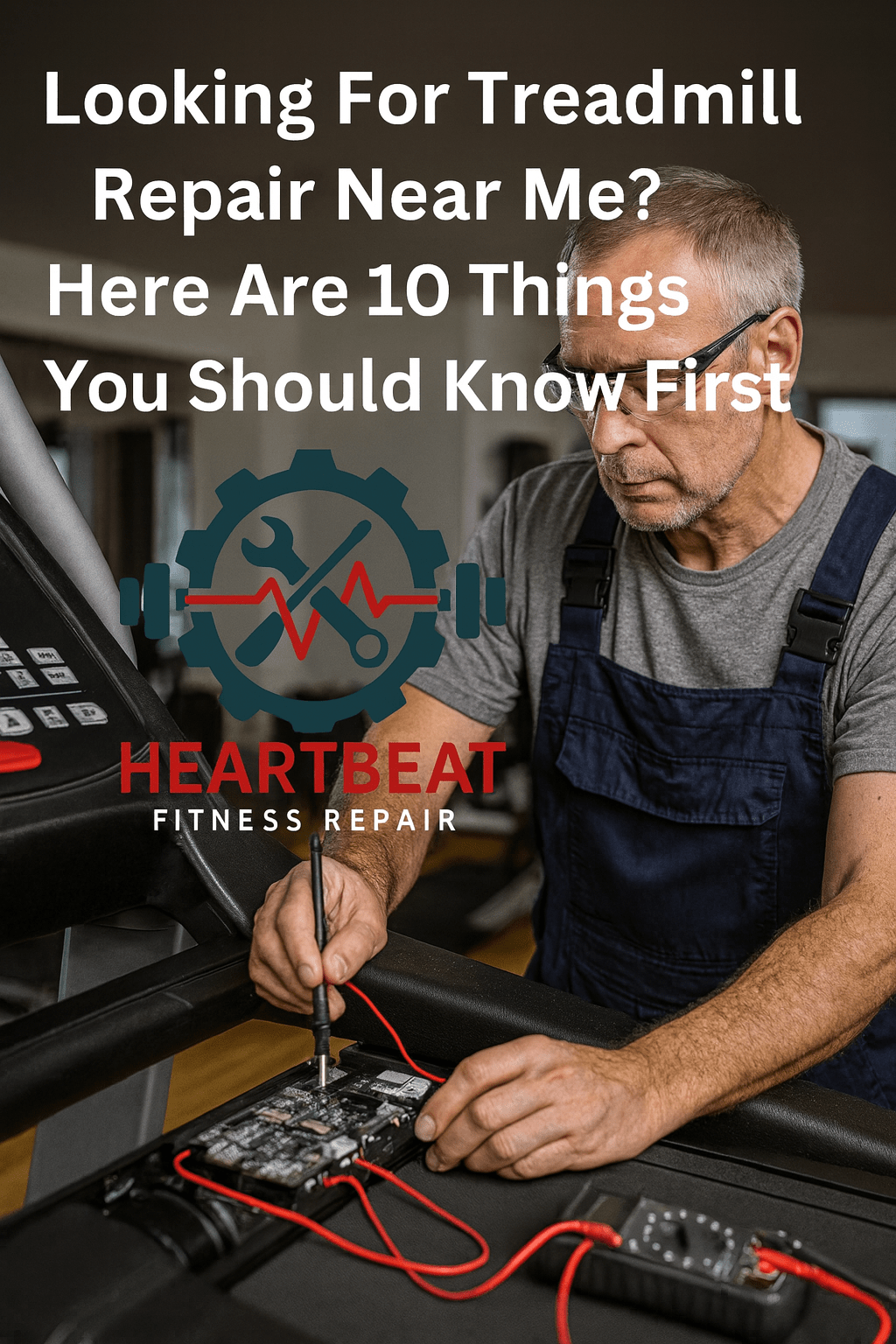 A professional treadmill technician wearing dark work overalls repairs a treadmill’s internal circuit board in a modern home gym. The HeartBeat Fitness Repair logo, featuring a gear, wrench, and red EKG line, is prominently displayed beside him. Bold white header text reads, “Looking For Treadmill Repair Near Me? Here Are 10 Things You Should Know First.” The image conveys expertise, precision, and reliability in fitness equipment repair.